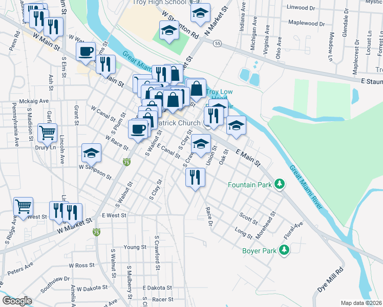 map of restaurants, bars, coffee shops, grocery stores, and more near 120 South Crawford Street in Troy