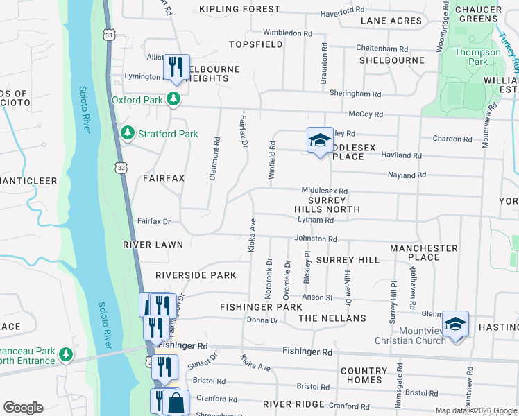 map of restaurants, bars, coffee shops, grocery stores, and more near 4040 Kioka Avenue in Columbus