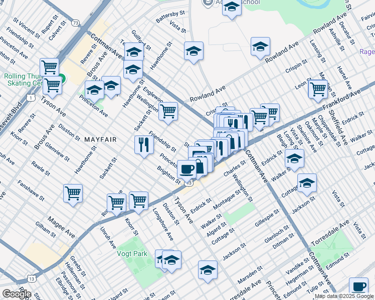 map of restaurants, bars, coffee shops, grocery stores, and more near 3414 Saint Vincent Street in Philadelphia