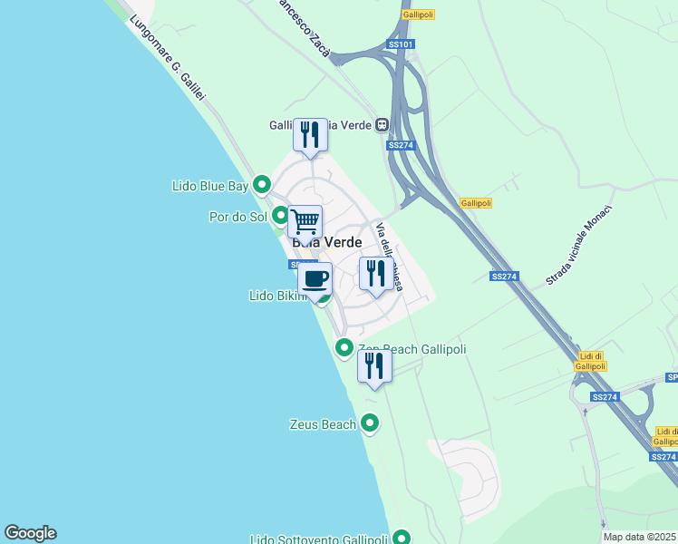 map of restaurants, bars, coffee shops, grocery stores, and more near 8 Viale degli Oleandri in Baia Verde