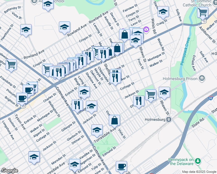 map of restaurants, bars, coffee shops, grocery stores, and more near 4321 Marple Street in Philadelphia