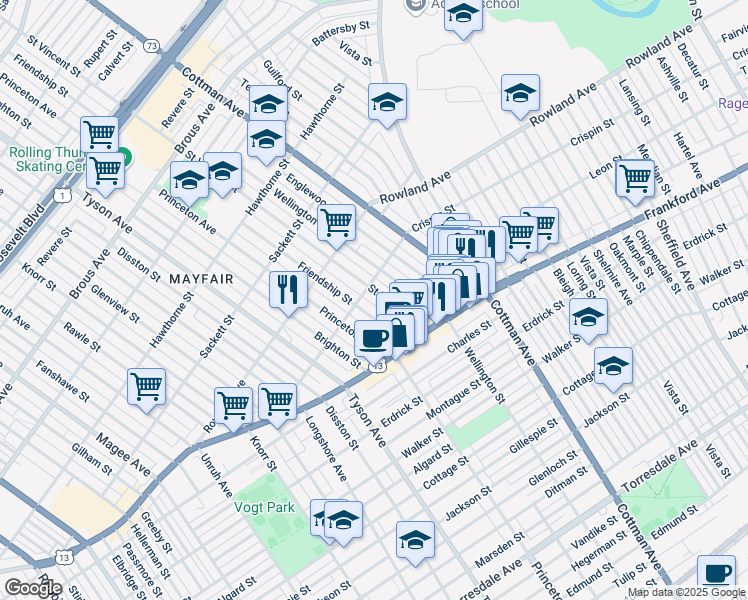 map of restaurants, bars, coffee shops, grocery stores, and more near 3414 Saint Vincent Street in Philadelphia