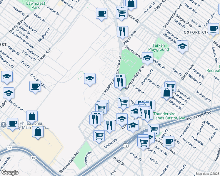 map of restaurants, bars, coffee shops, grocery stores, and more near 1004 Van Kirk Street in Philadelphia