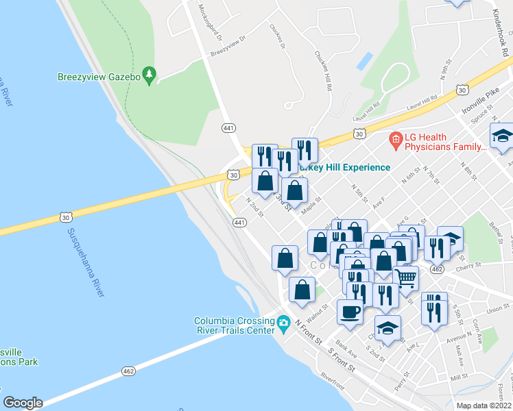 map of restaurants, bars, coffee shops, grocery stores, and more near 515 North 2nd Street in Columbia