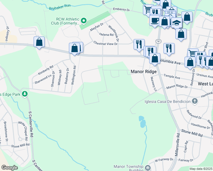 map of restaurants, bars, coffee shops, grocery stores, and more near 2500 Columbia Avenue in Lancaster