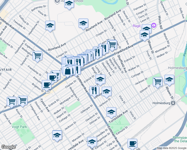 map of restaurants, bars, coffee shops, grocery stores, and more near 4043 Tudor Street in Philadelphia