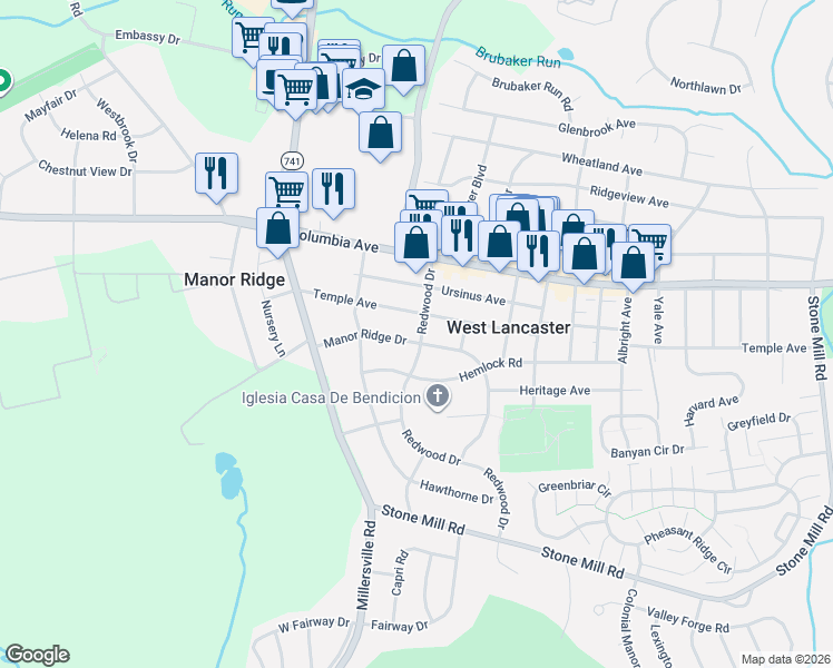 map of restaurants, bars, coffee shops, grocery stores, and more near 2001 Manor Ridge Drive in Lancaster
