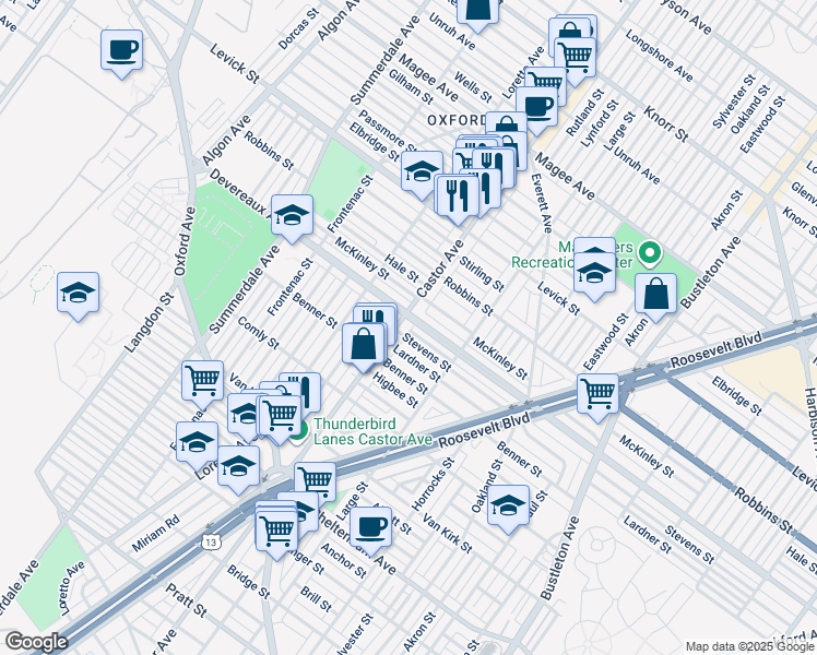 map of restaurants, bars, coffee shops, grocery stores, and more near 1414 Devereaux Avenue in Philadelphia