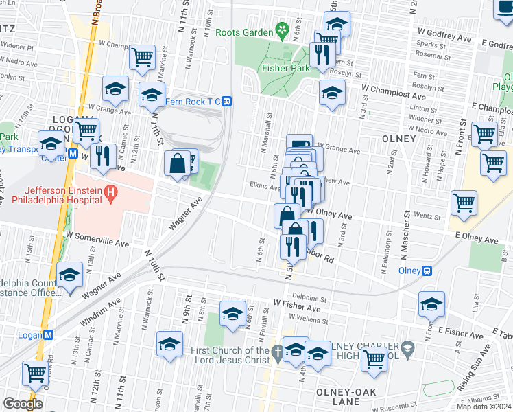 map of restaurants, bars, coffee shops, grocery stores, and more near 616 West Olney Avenue in Philadelphia