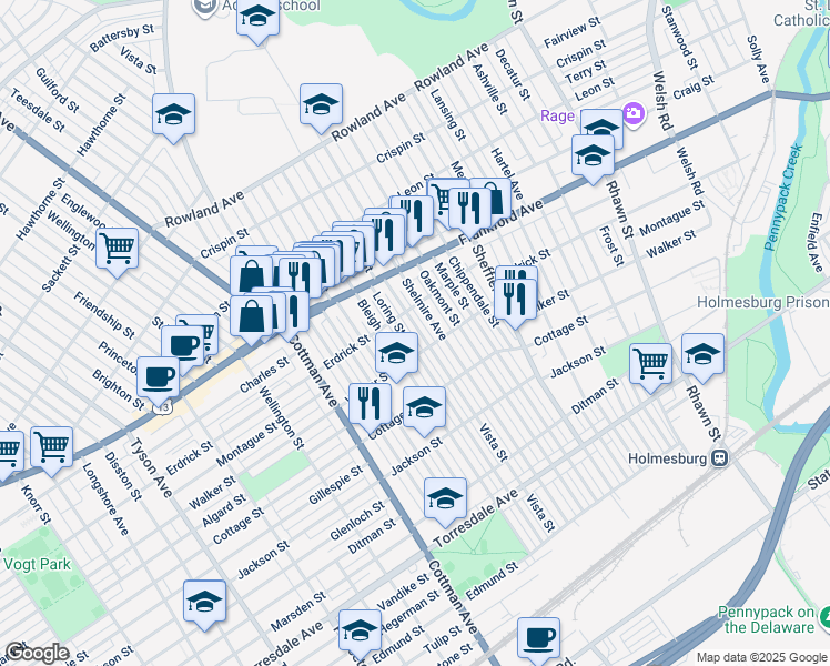 map of restaurants, bars, coffee shops, grocery stores, and more near 4226 Vista Street in Philadelphia