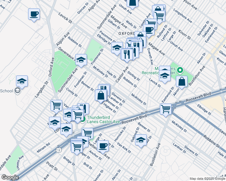 map of restaurants, bars, coffee shops, grocery stores, and more near 6135 Castor Avenue in Philadelphia