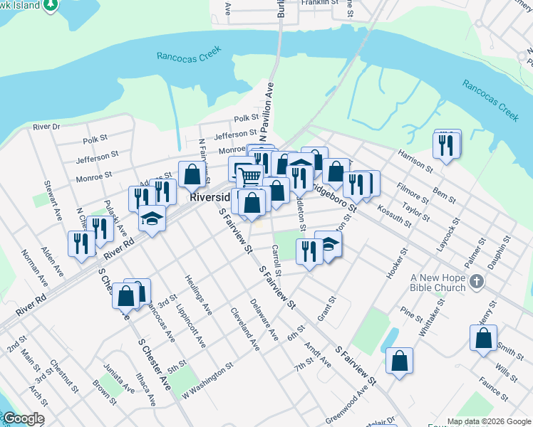 map of restaurants, bars, coffee shops, grocery stores, and more near 213 South Pavilion Avenue in Riverside