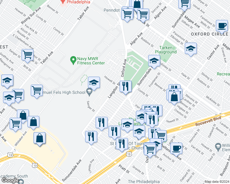 map of restaurants, bars, coffee shops, grocery stores, and more near 1004 Van Kirk Street in Philadelphia