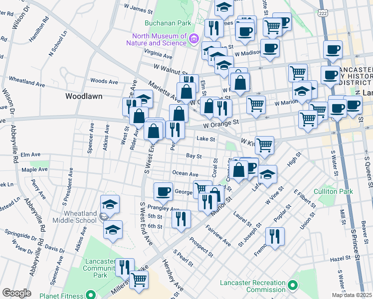map of restaurants, bars, coffee shops, grocery stores, and more near 714 1st Street in Lancaster