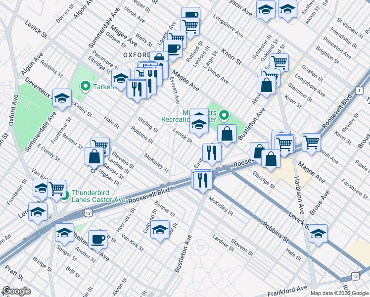 map of restaurants, bars, coffee shops, grocery stores, and more near 6330 Sylvester Street in Philadelphia