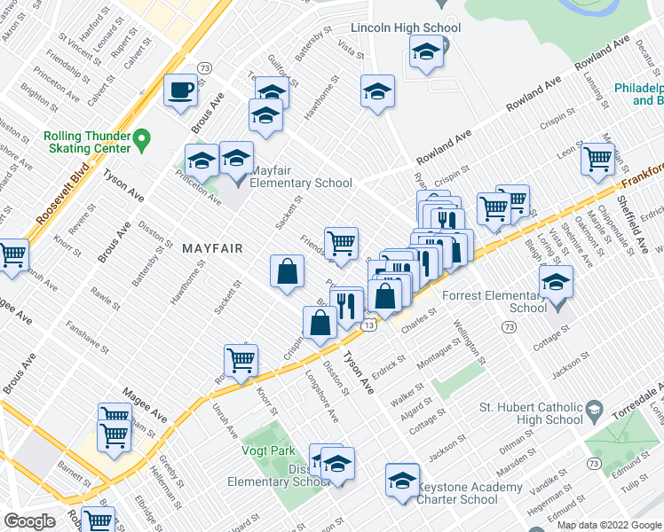map of restaurants, bars, coffee shops, grocery stores, and more near 3334 Friendship Street in Philadelphia