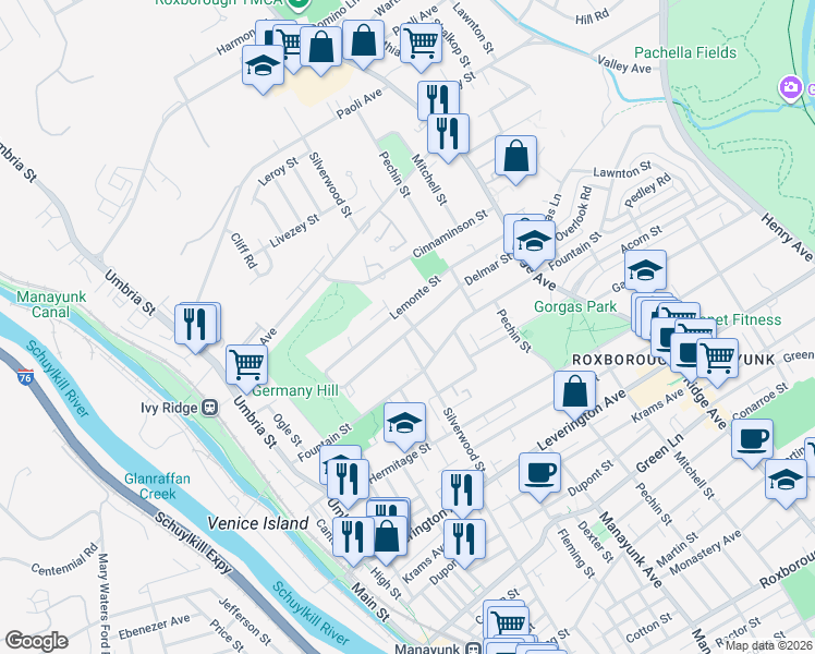 map of restaurants, bars, coffee shops, grocery stores, and more near 4900 Tibben Street in Philadelphia
