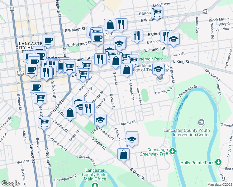 map of restaurants, bars, coffee shops, grocery stores, and more near 136 S Ann St in Lancaster