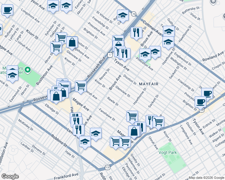 map of restaurants, bars, coffee shops, grocery stores, and more near 2900 Knorr Street in Philadelphia