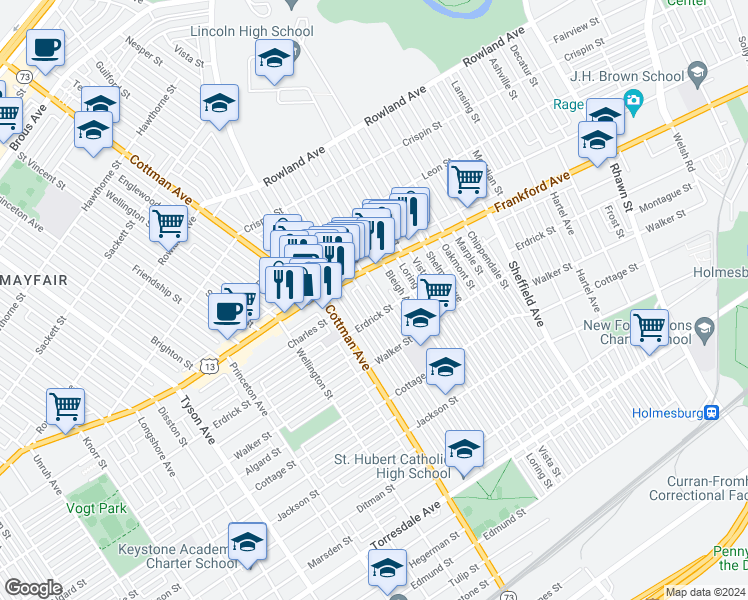 map of restaurants, bars, coffee shops, grocery stores, and more near 4039 Aldine Street in Philadelphia