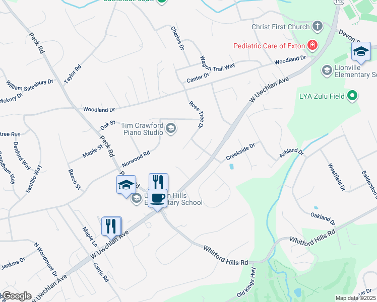 map of restaurants, bars, coffee shops, grocery stores, and more near 5 Rose Tree Drive in Downingtown