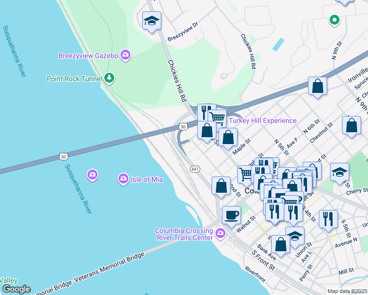 map of restaurants, bars, coffee shops, grocery stores, and more near 100 Cedar Street in Columbia