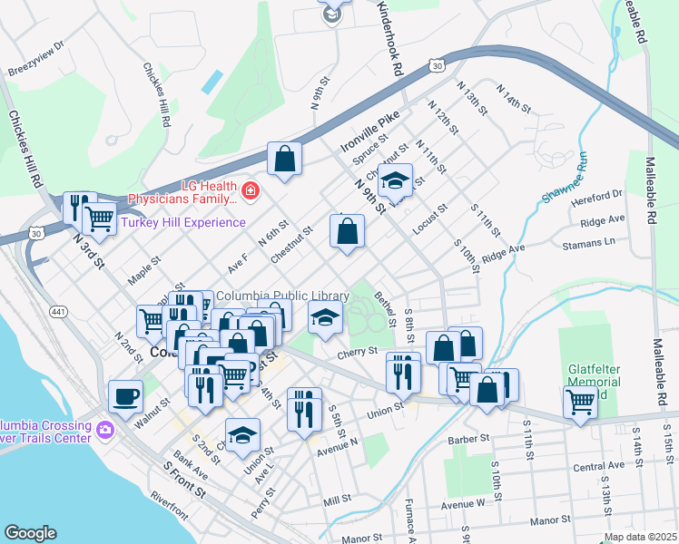 map of restaurants, bars, coffee shops, grocery stores, and more near 29 North 7th Street in Columbia