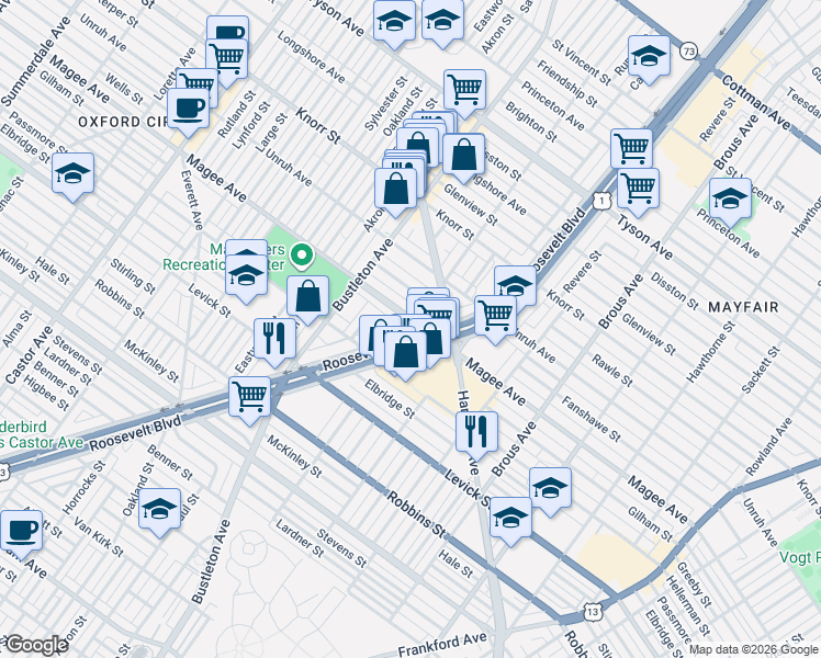 map of restaurants, bars, coffee shops, grocery stores, and more near 2174 Magee Avenue in Philadelphia