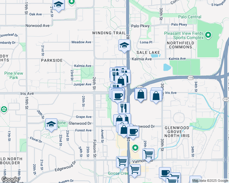 map of restaurants, bars, coffee shops, grocery stores, and more near 2632 Iris Avenue in Boulder