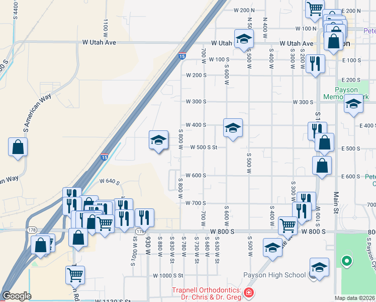 map of restaurants, bars, coffee shops, grocery stores, and more near 511 South 800 West in Payson