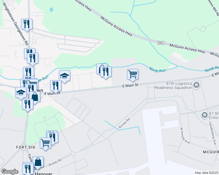 map of restaurants, bars, coffee shops, grocery stores, and more near 507 East Main Street in Wrightstown