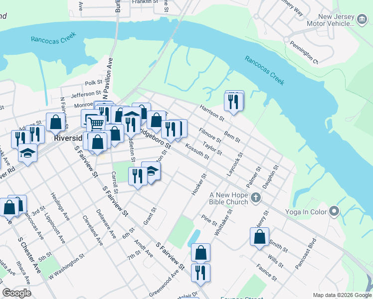 map of restaurants, bars, coffee shops, grocery stores, and more near 426 Kossuth Street in Riverside