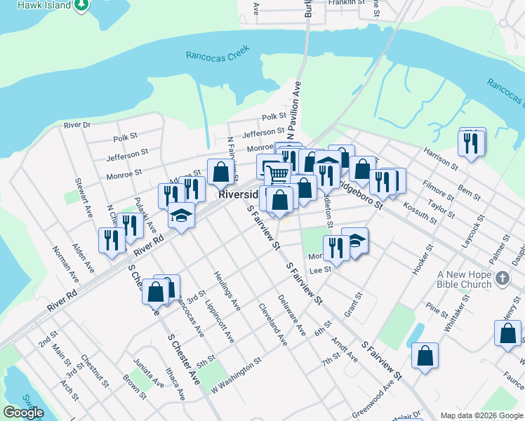 map of restaurants, bars, coffee shops, grocery stores, and more near 30 W Hancock St in Riverside
