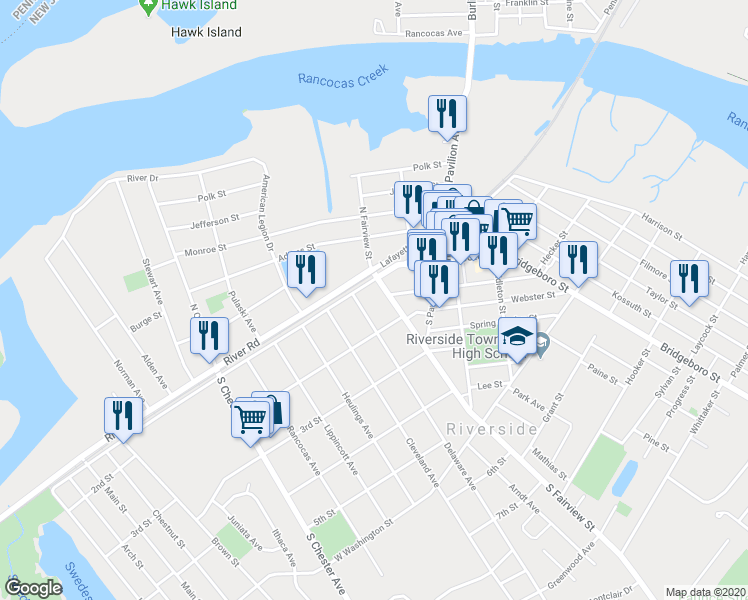 map of restaurants, bars, coffee shops, grocery stores, and more near 105 Delaware Avenue in Riverside