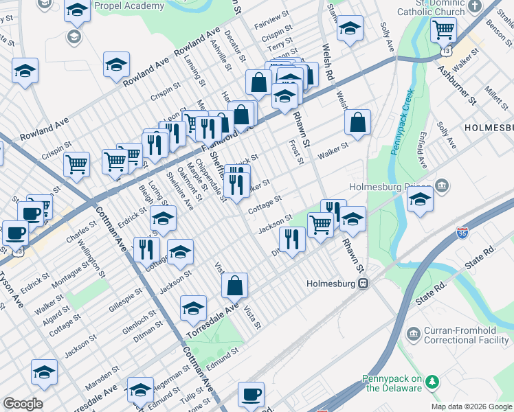 map of restaurants, bars, coffee shops, grocery stores, and more near 7753 Cottage Street in Philadelphia