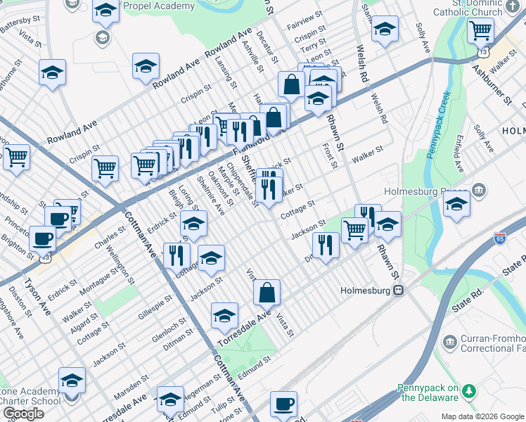 map of restaurants, bars, coffee shops, grocery stores, and more near 4317 Sheffield Avenue in Philadelphia