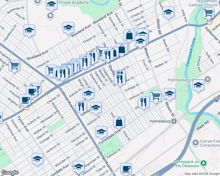 map of restaurants, bars, coffee shops, grocery stores, and more near 4324 Marple Street in Philadelphia