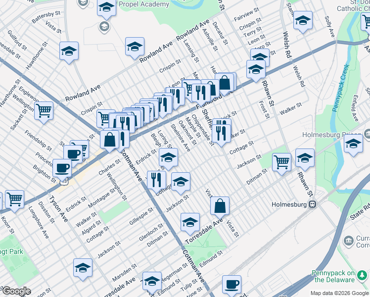 map of restaurants, bars, coffee shops, grocery stores, and more near 4301 Shelmire Avenue in Philadelphia