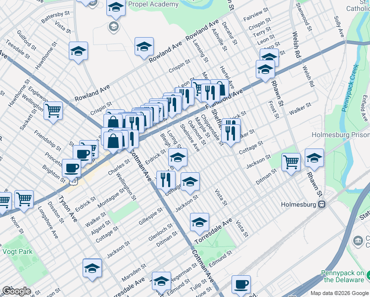 map of restaurants, bars, coffee shops, grocery stores, and more near 4233 Loring Street in Philadelphia