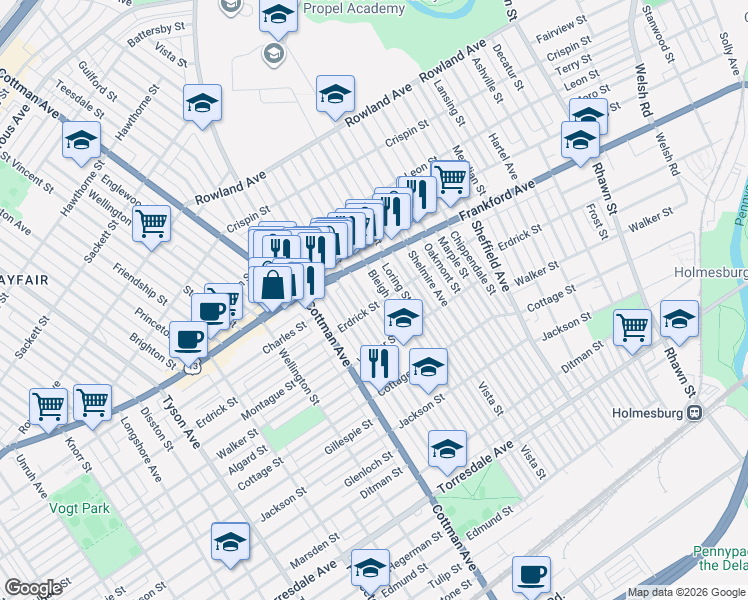 map of restaurants, bars, coffee shops, grocery stores, and more near 4043 Tudor Street in Philadelphia