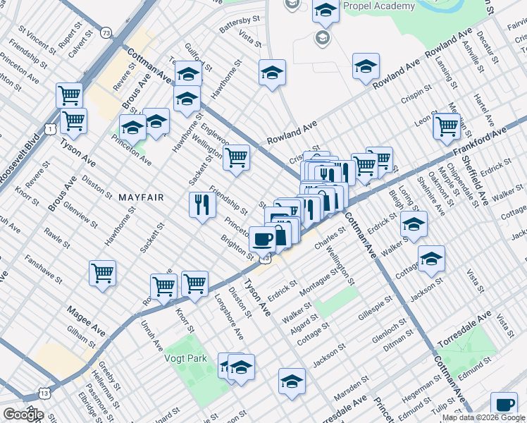 map of restaurants, bars, coffee shops, grocery stores, and more near 3430 Saint Vincent Street in Philadelphia