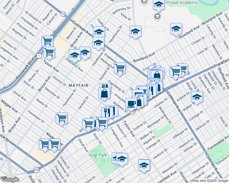 map of restaurants, bars, coffee shops, grocery stores, and more near 3315 Princeton Avenue in Philadelphia