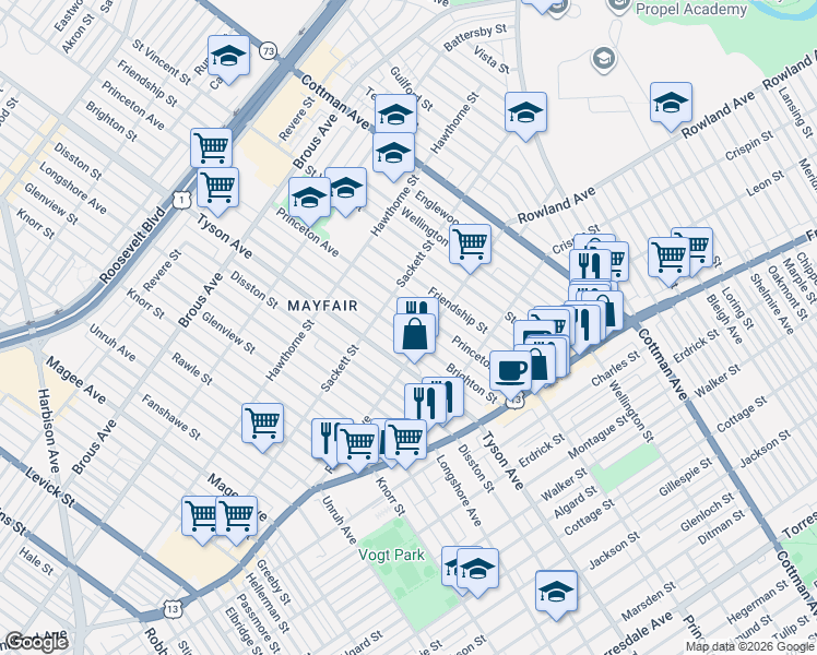 map of restaurants, bars, coffee shops, grocery stores, and more near 3225 Brighton Street in Philadelphia