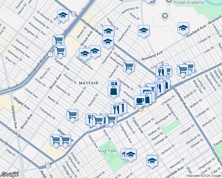 map of restaurants, bars, coffee shops, grocery stores, and more near 3225 Brighton Street in Philadelphia