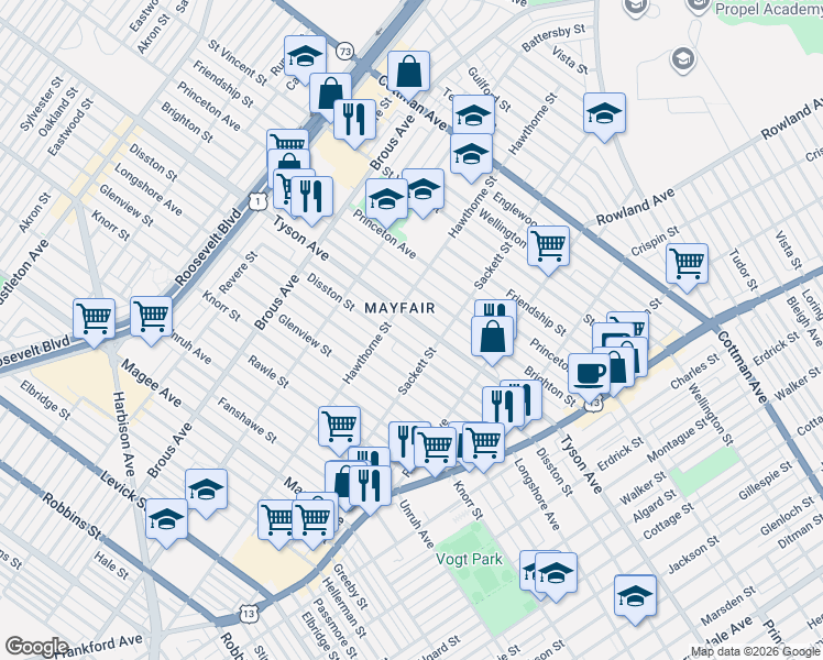 map of restaurants, bars, coffee shops, grocery stores, and more near 3118 Tyson Avenue in Philadelphia