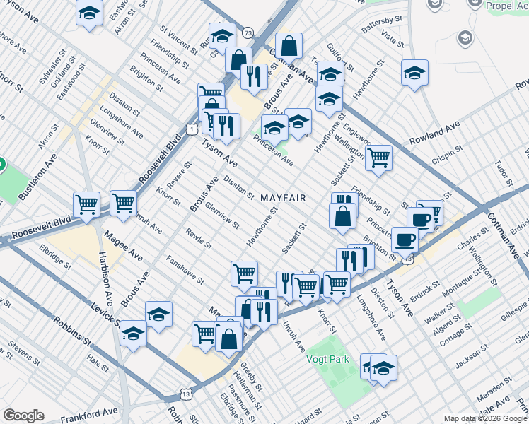 map of restaurants, bars, coffee shops, grocery stores, and more near 3048 Disston Street in Philadelphia