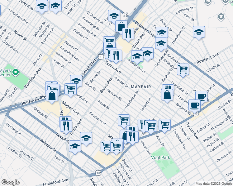 map of restaurants, bars, coffee shops, grocery stores, and more near 2932 Glenview Street in Philadelphia