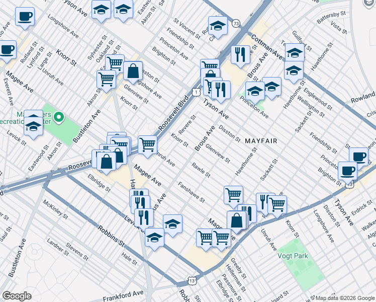 map of restaurants, bars, coffee shops, grocery stores, and more near 2900 Knorr Street in Philadelphia