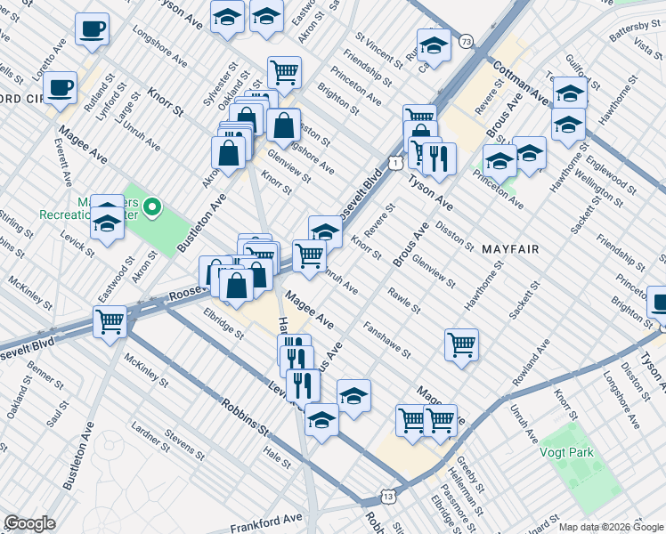 map of restaurants, bars, coffee shops, grocery stores, and more near 2719 Unruh Avenue in Philadelphia