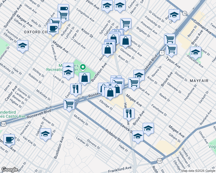 map of restaurants, bars, coffee shops, grocery stores, and more near 2174 Magee Avenue in Philadelphia